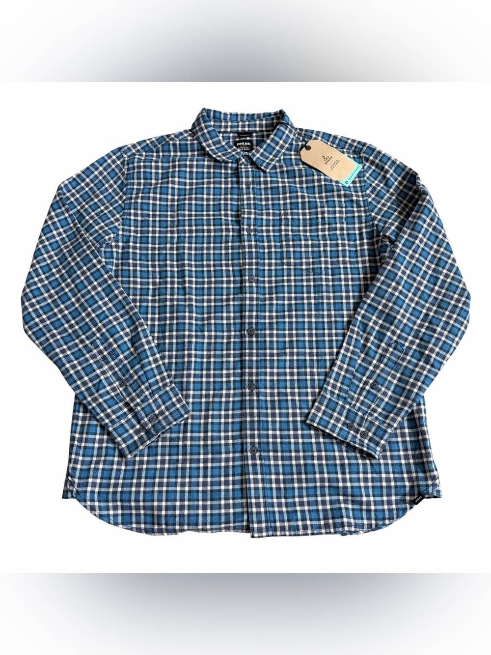Prana Men’s Los Feliz Flannel Button Up Shirt Sz L Blue Check Organic Cotton NWT